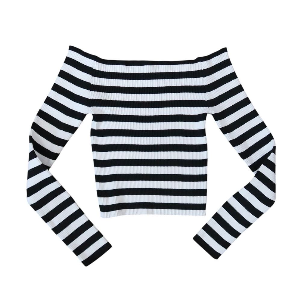Silence + Noise Urban Outfitters White and Black Striped Off Shoulder Sweater S